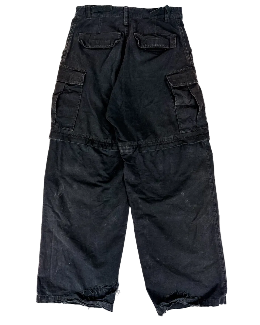 Distressed cargo pants, dark gray with multiple patch pockets, relaxed fit