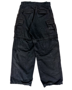 Distressed cargo pants, dark gray with multiple patch pockets, relaxed fit