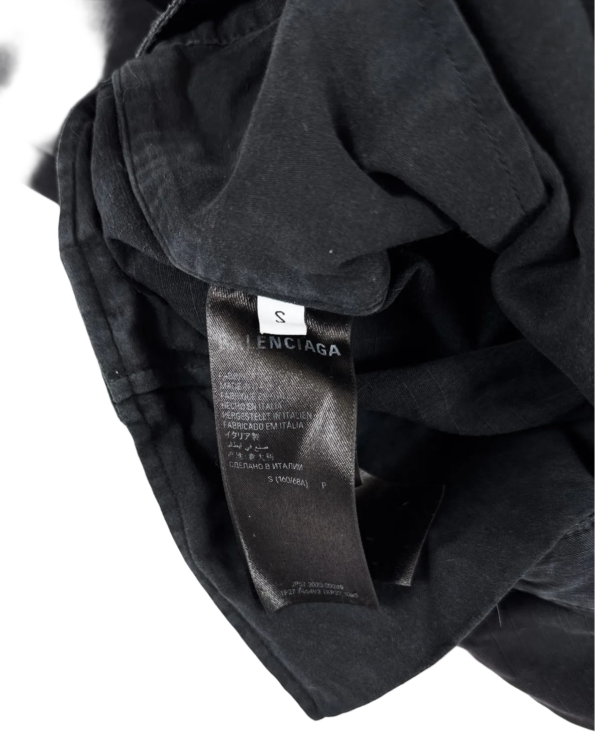 Balenciaga distressed cargo pants: dark gray waistband label, inner size tag