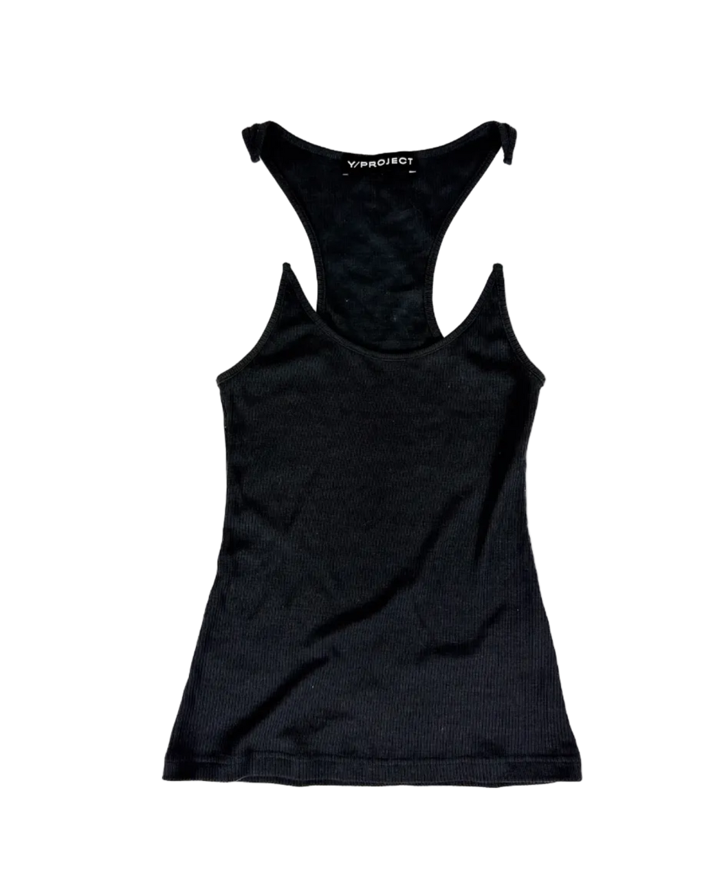 Y Project invisible-strap singlet, dark knit scoop neck and wide armholes
