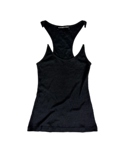 Y Project invisible-strap singlet, dark knit scoop neck and wide armholes