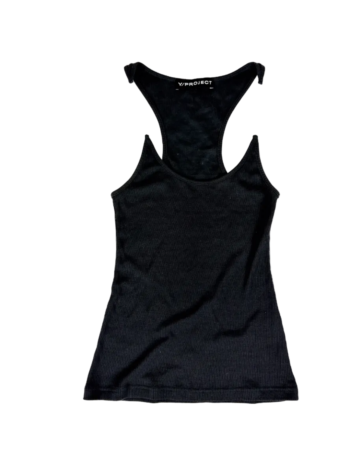 Y Project invisible-strap singlet, dark knit scoop neck and wide armholes