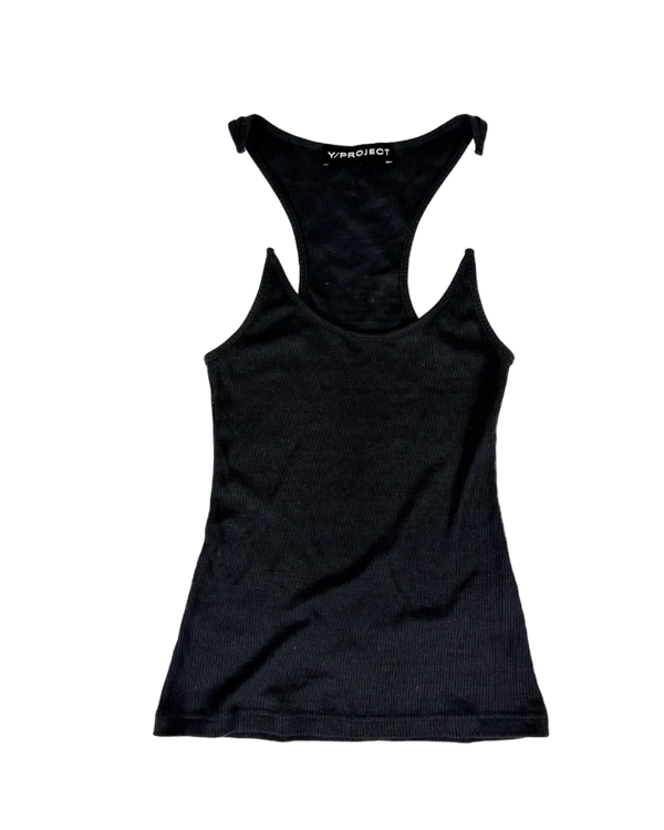 Y Project invisible-strap singlet, dark knit scoop neck and wide armholes