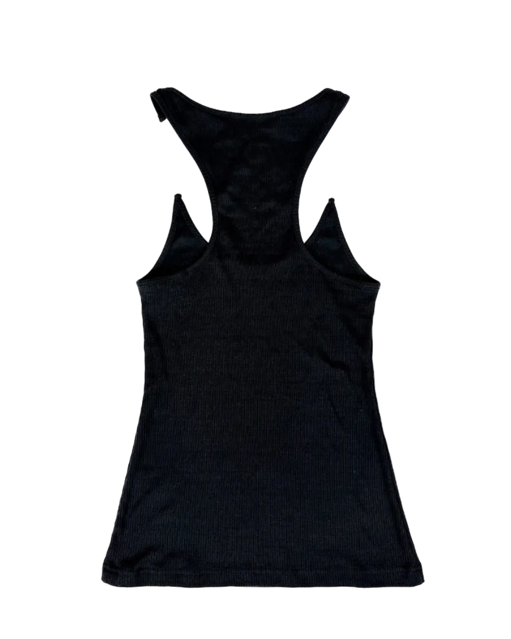 Dark invisible-strap singlet with scoop neck and fitted swing hem