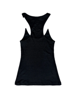 Dark invisible-strap singlet with scoop neck and fitted swing hem