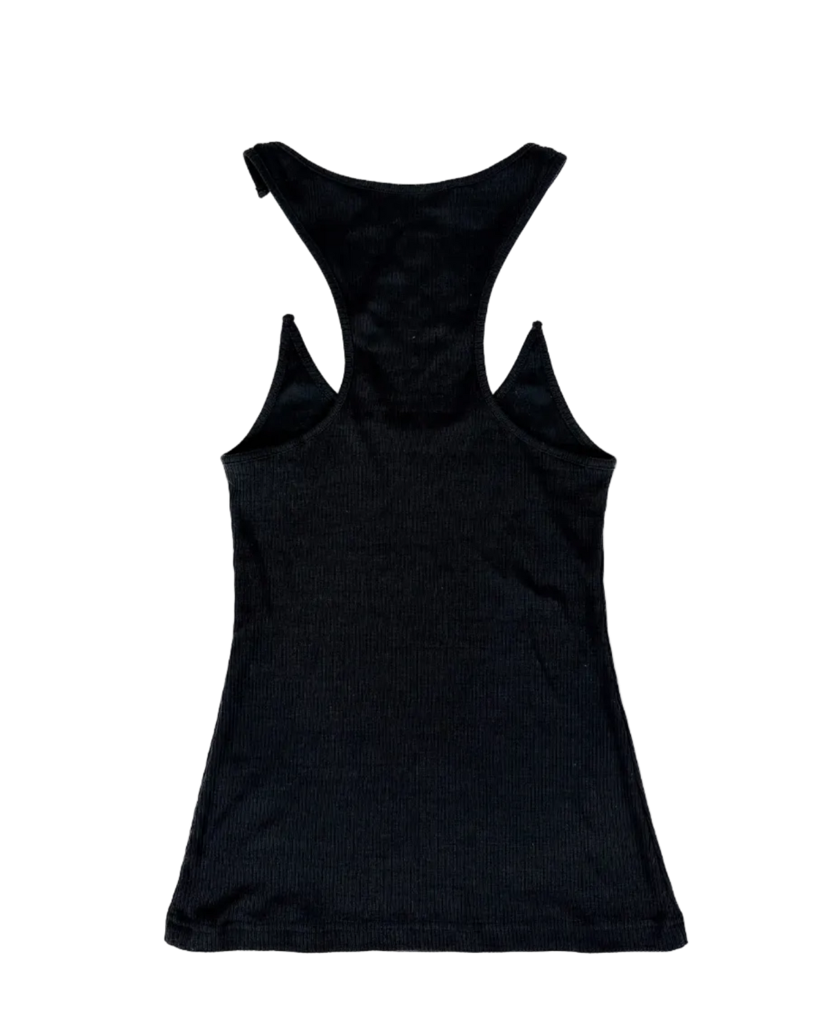 Dark invisible-strap singlet with scoop neck and fitted swing hem