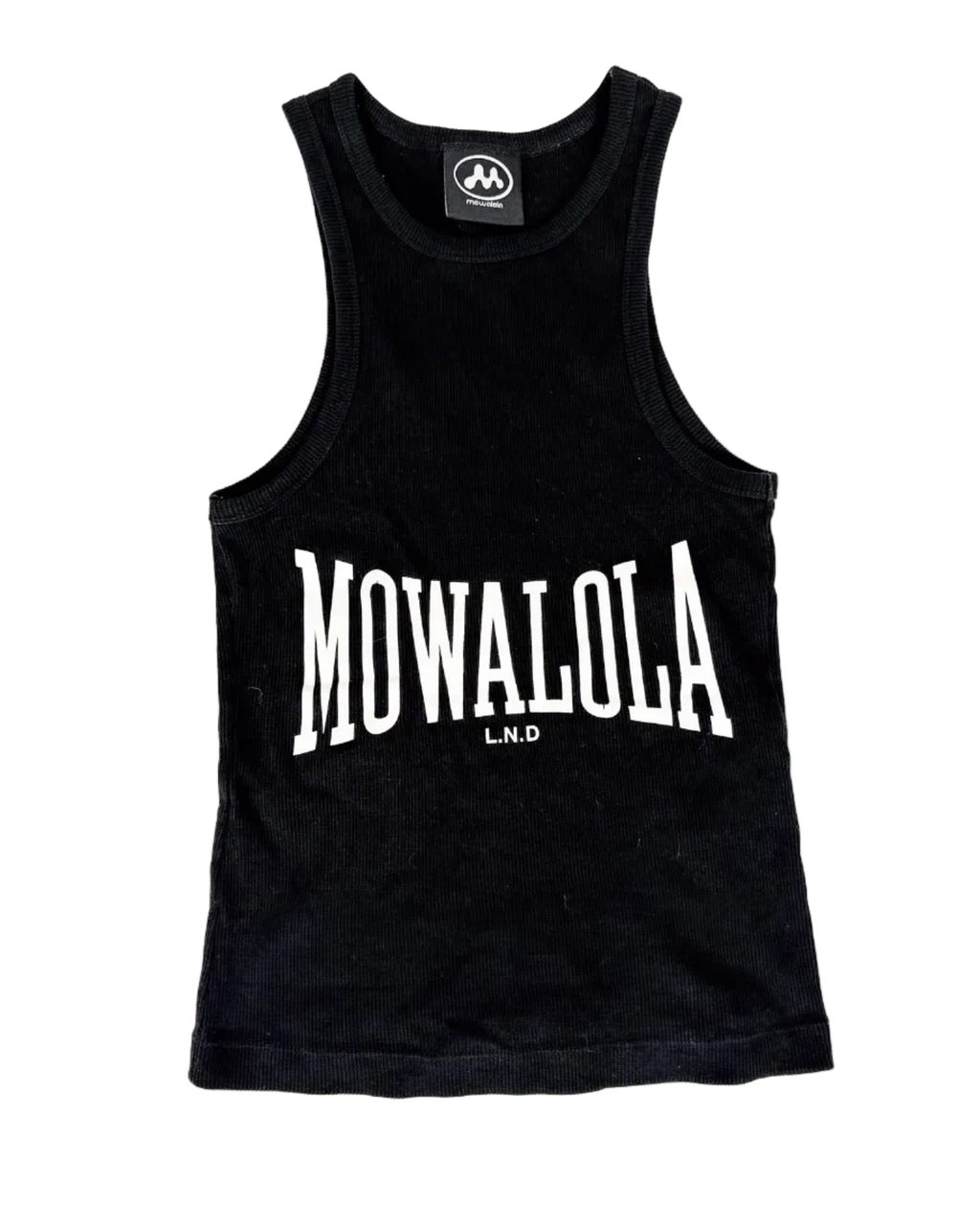 Black sleeveless tank with large MOWALOLA logo print across chest