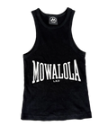 Black sleeveless tank with large MOWALOLA logo print across chest