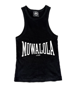 Black sleeveless tank with large MOWALOLA logo print across chest