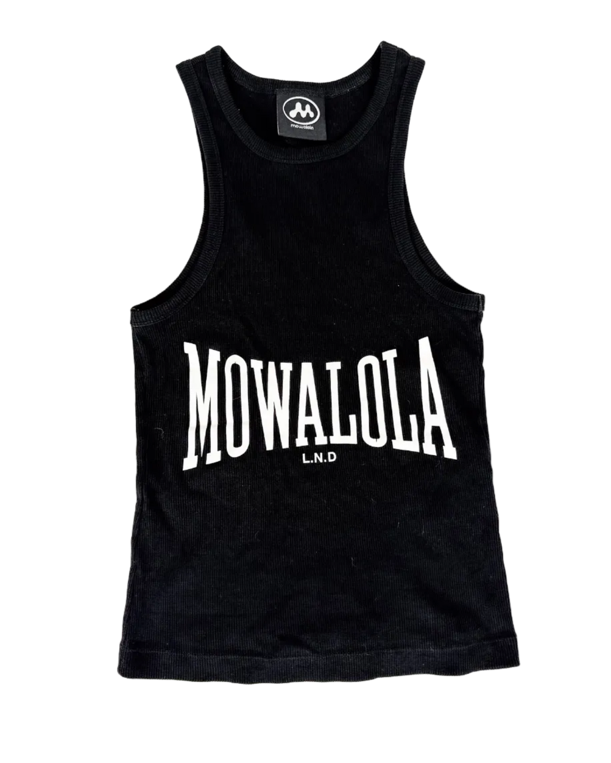 Black sleeveless tank with large MOWALOLA logo print across chest