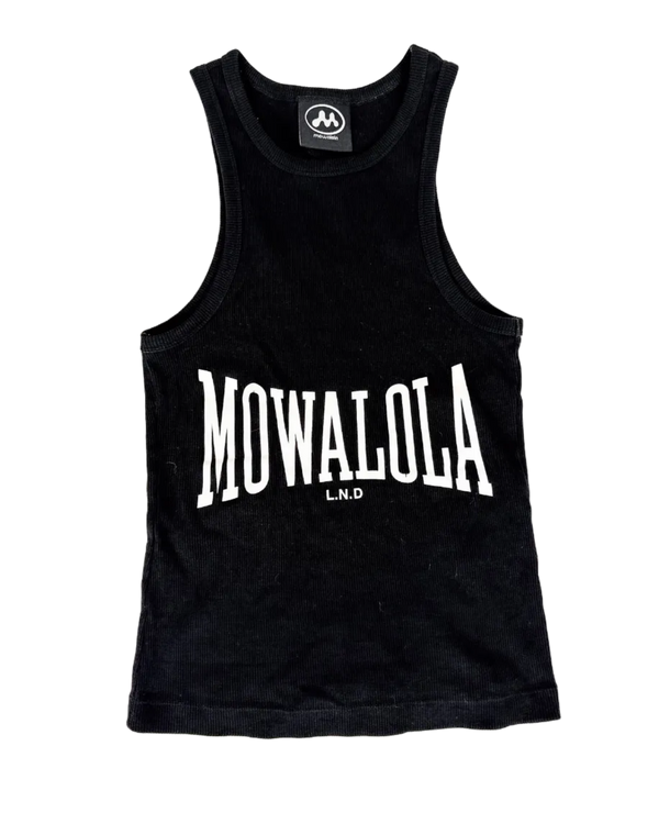 Black sleeveless tank with large MOWALOLA logo print across chest