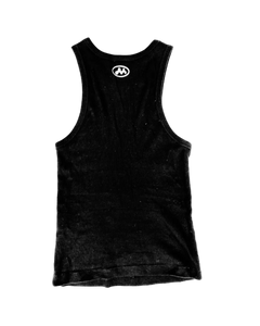 Black logo sleeveless tank with small circular chest emblem