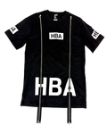 Black t-shirt with HBA chest print and two vertical front zippers, crew neck.