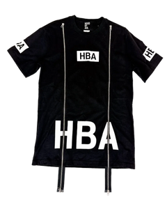 Black t-shirt with HBA chest print and two vertical front zippers, crew neck.