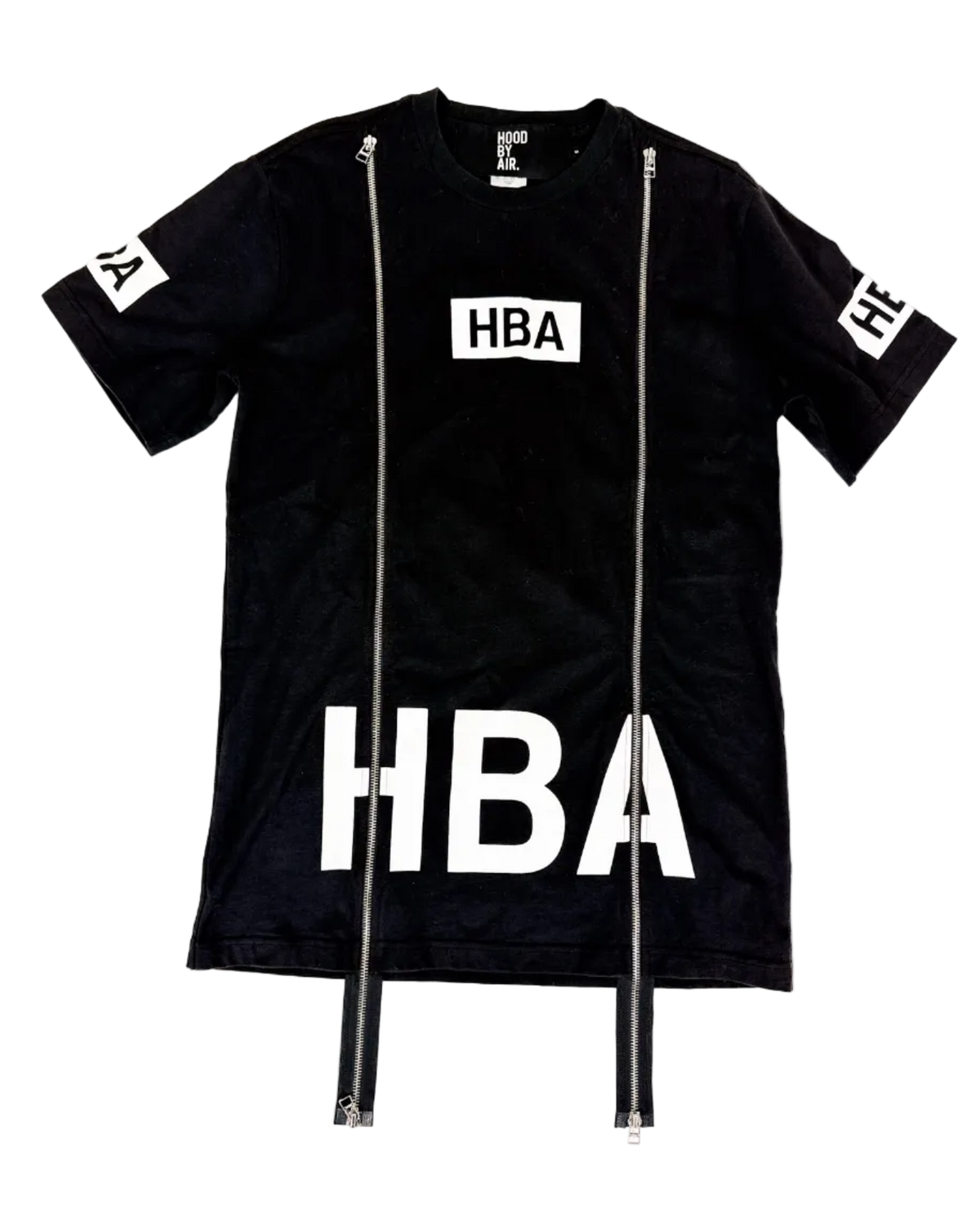 Black t-shirt with HBA chest print and two vertical front zippers, crew neck.