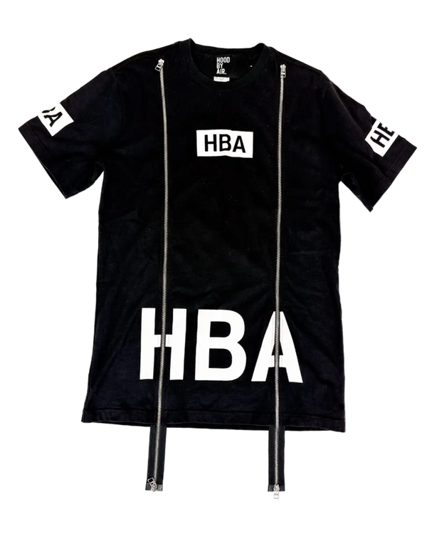 Black t-shirt with HBA chest print and two vertical front zippers, crew neck.