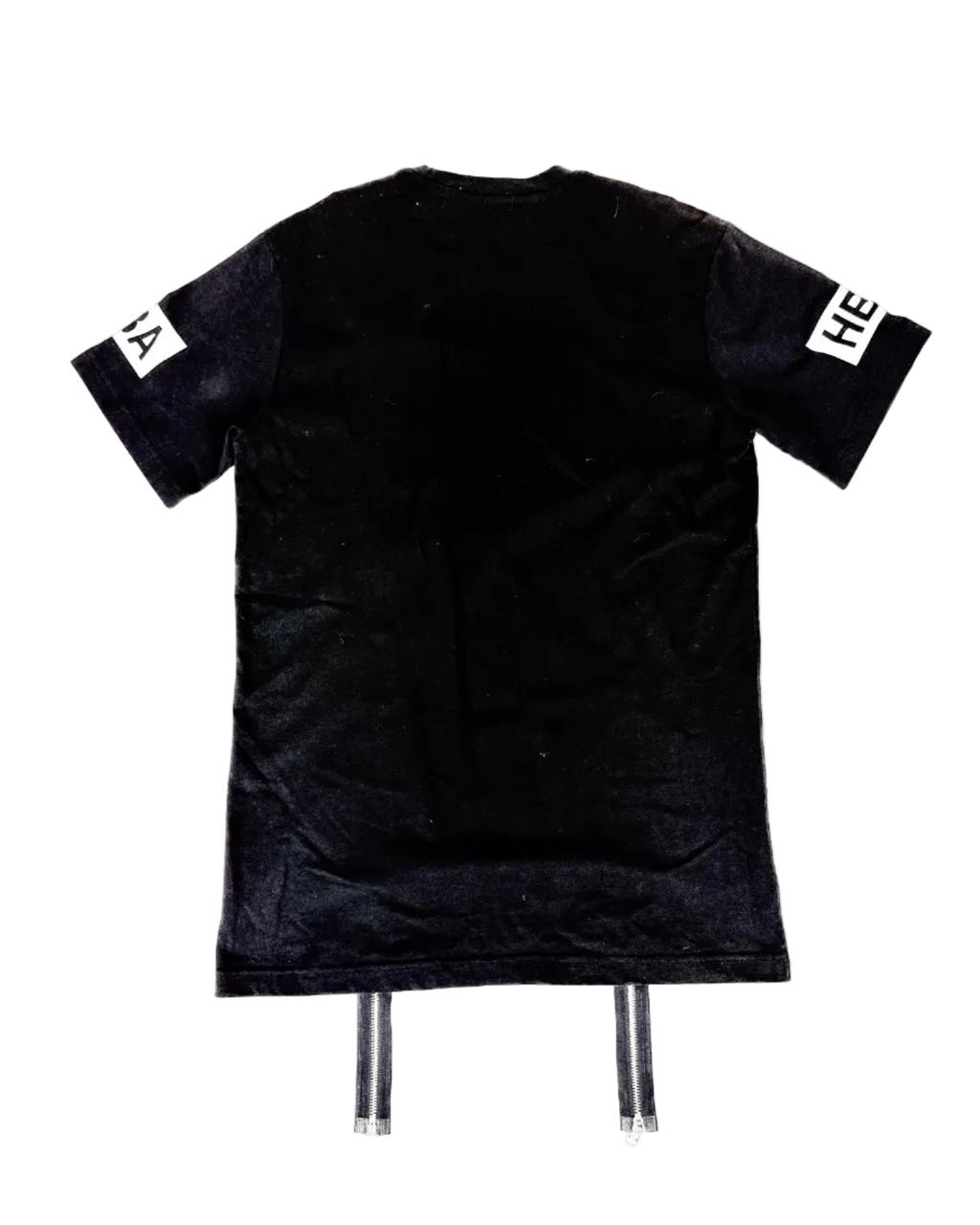 Black logo t-shirt with double front zippers and HBA print, short sleeves.