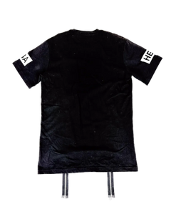 Black logo t-shirt with double front zippers and HBA print, short sleeves.