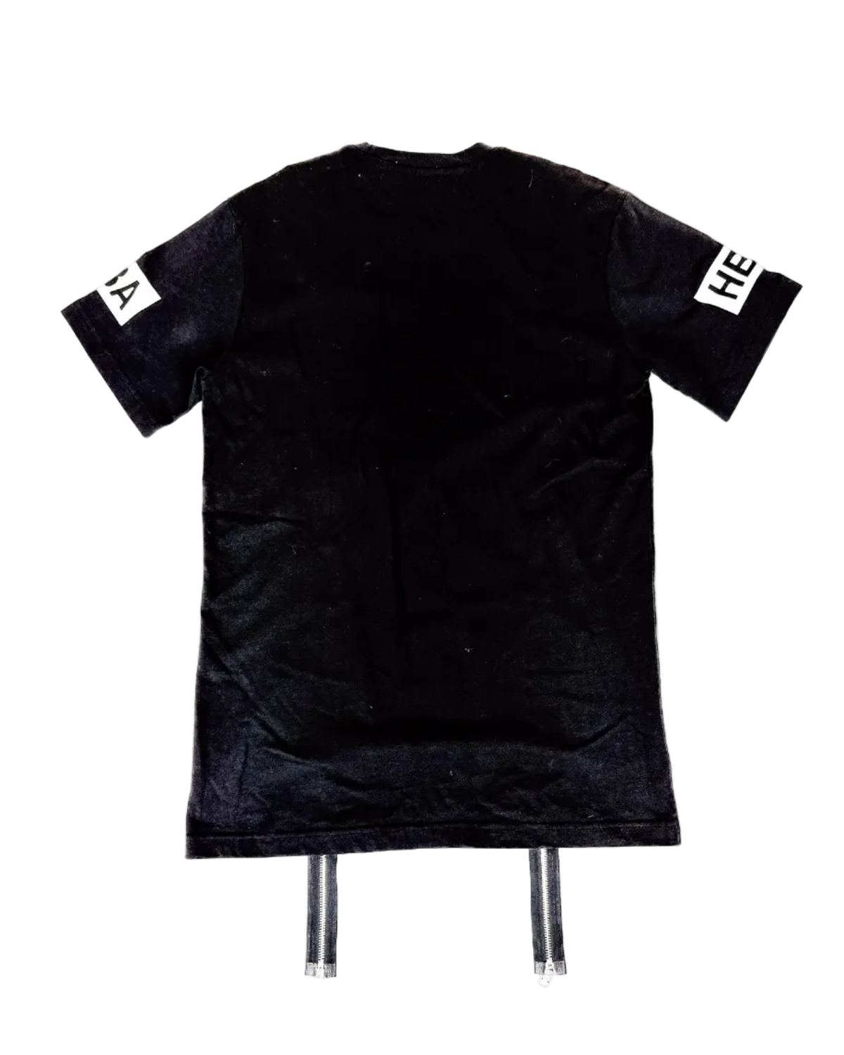 Black logo t-shirt with double front zippers and HBA print, short sleeves.