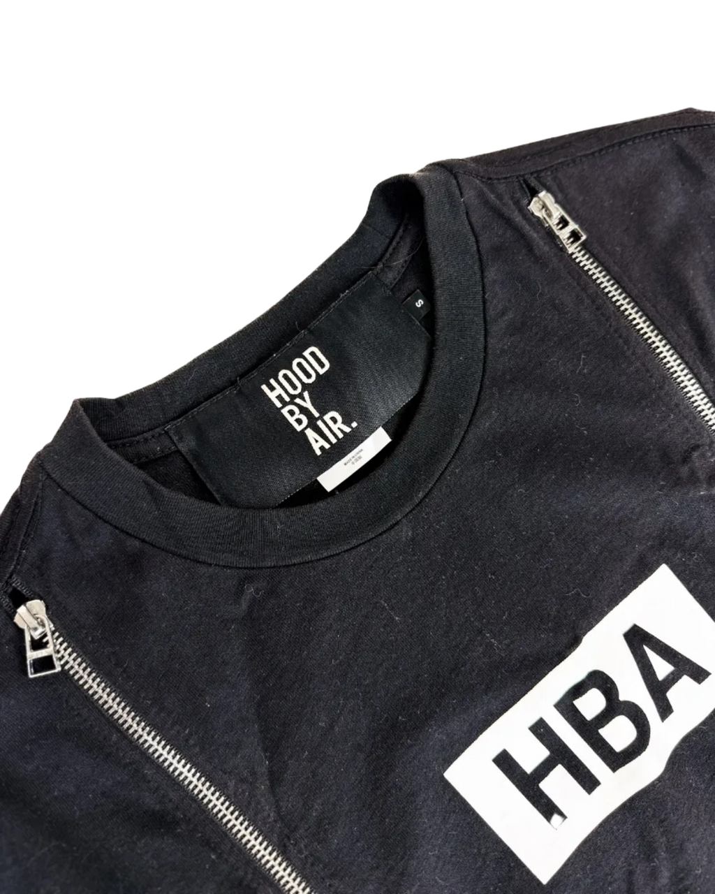 Black t-shirt with HBA box logo, crew neck label, and zipper detail.