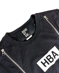 Black t-shirt with HBA box logo, crew neck label, and zipper detail.