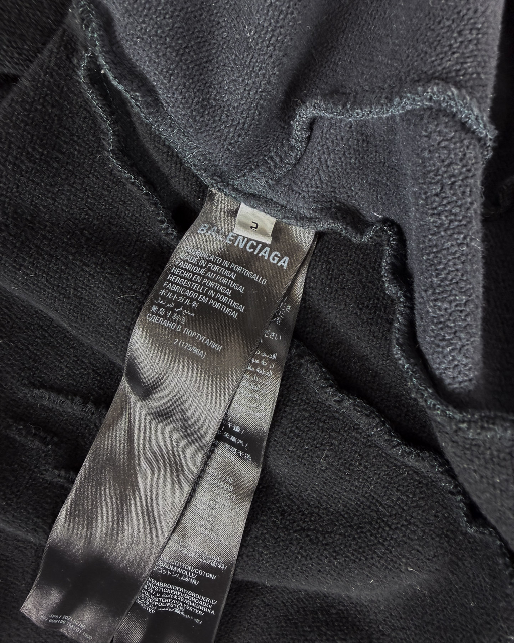 Balenciaga hoodie inner neckline label and stitching detail close-up