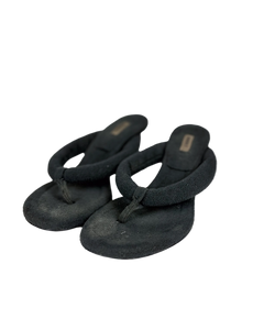 Yeezy fleece thong sandals, dark fuzzy upper and toe-post strap
