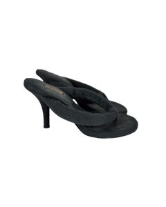 Yeezy fleece thong sandals with high heel, dark fuzzy toe-post strap