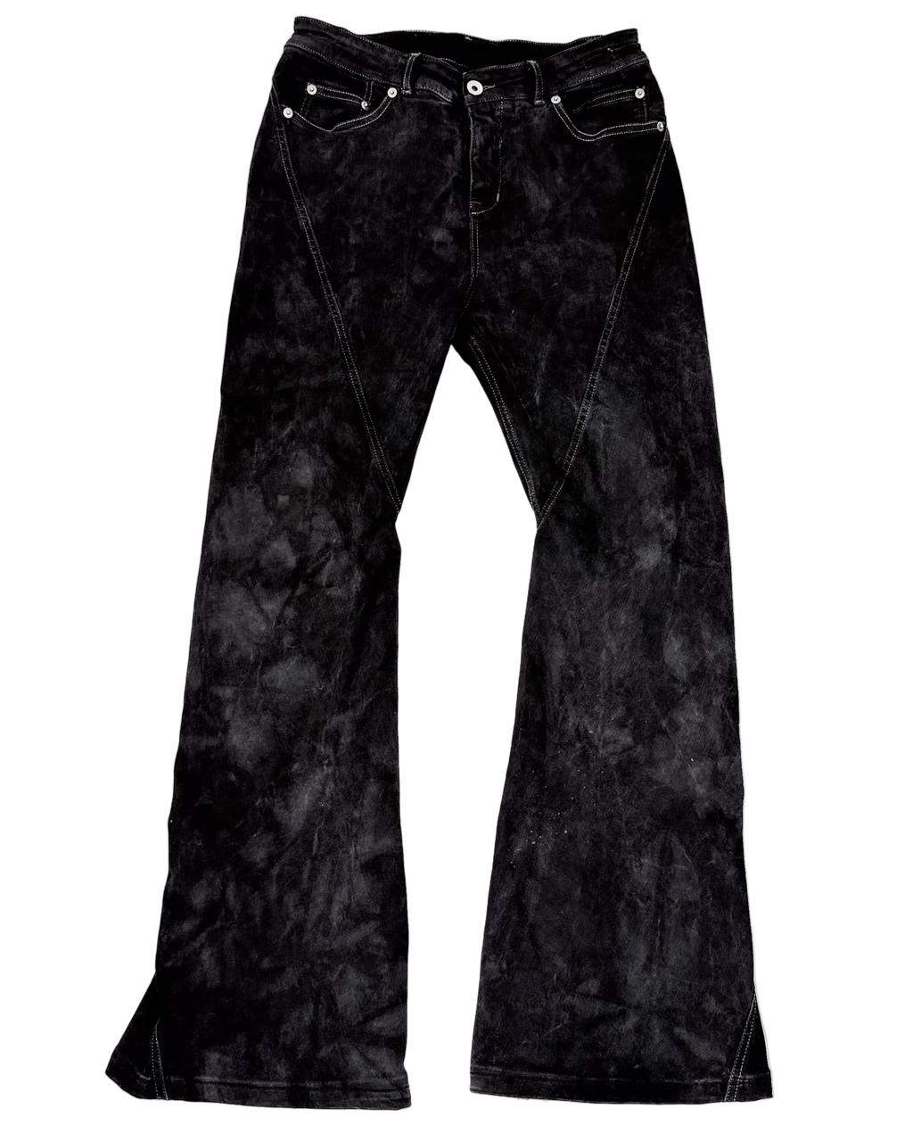 Dark spiral bootcut jeans, front view with button fly and wide flared legs