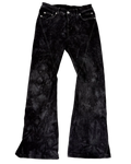 Dark spiral bootcut jeans, front view with button fly and wide flared legs