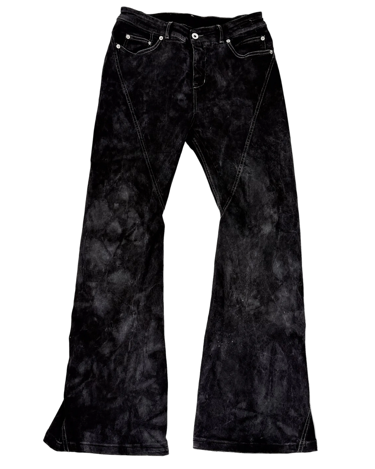 Dark spiral bootcut jeans, front view with button fly and wide flared legs