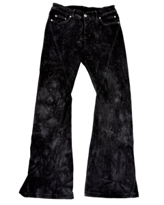 Dark spiral bootcut jeans, front view with button fly and wide flared legs