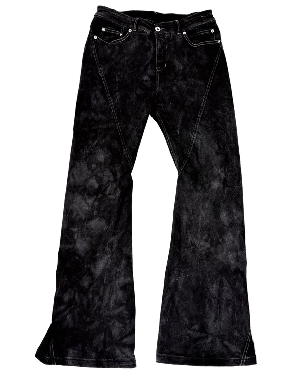 Dark spiral bootcut jeans, front view with button fly and wide flared legs