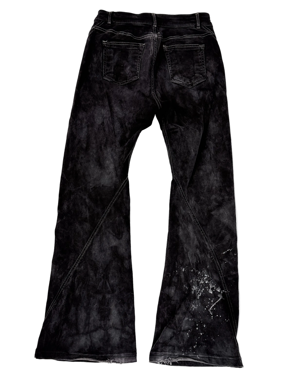 Dark spiral bootcut jeans, back view with two patch pockets and wide flared legs