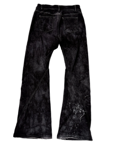 Dark spiral bootcut jeans, back view with two patch pockets and wide flared legs