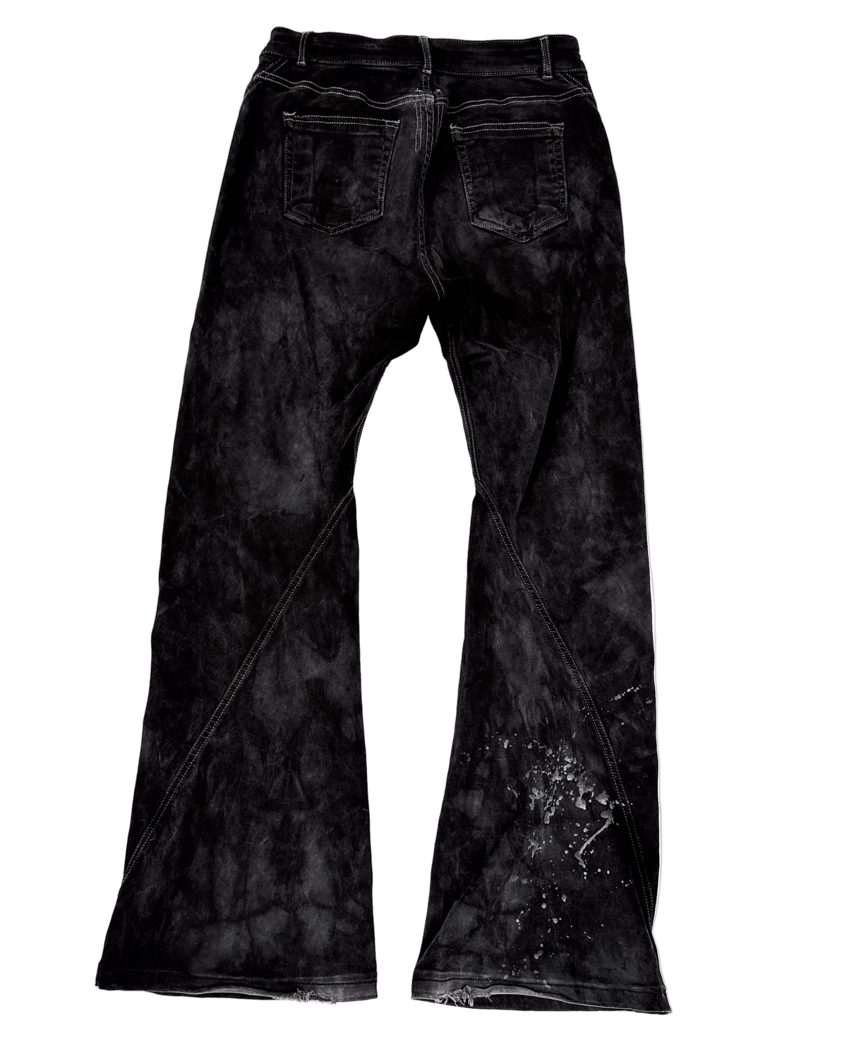 Dark spiral bootcut jeans, back view with two patch pockets and wide flared legs