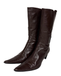 Dark brown leather knee-high boots with pointed toe and low heel
