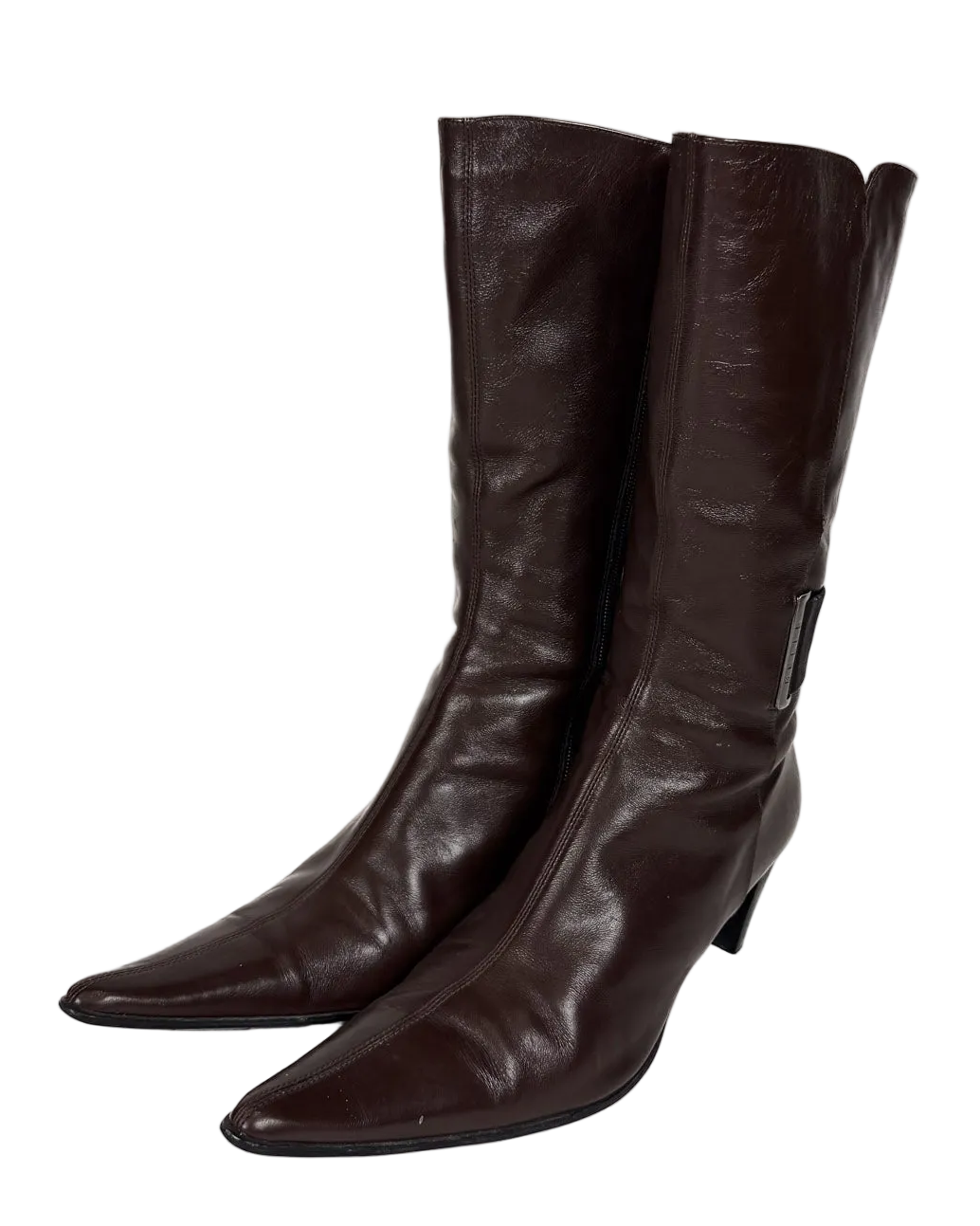 Dark brown leather knee-high boots with pointed toe and low heel