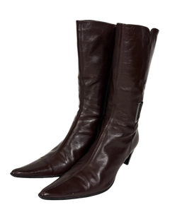 Dark brown leather knee-high boots with pointed toe and low heel