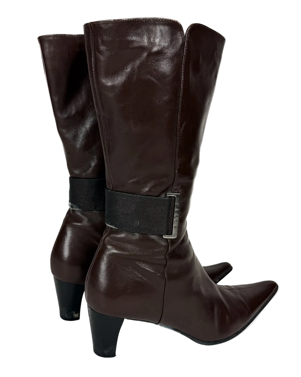 Dark brown leather boots with buckle strap at the shaft