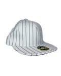 White fitted pinstripe cap with curved brim and embroidered side patch