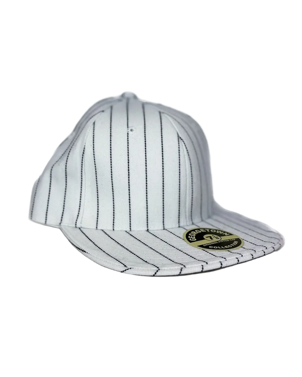 White fitted pinstripe cap with curved brim and embroidered side patch