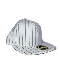 White fitted pinstripe cap with curved brim and embroidered side patch