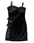 Dark patchwork zip-front dress with spaghetti straps and denim-like texture.