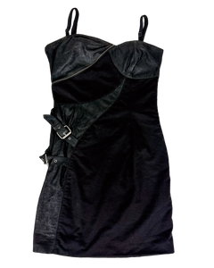 Dark patchwork zip-front dress with spaghetti straps and denim-like texture.