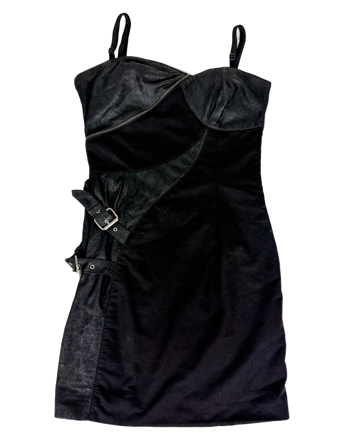 Dark patchwork zip-front dress with spaghetti straps and denim-like texture.