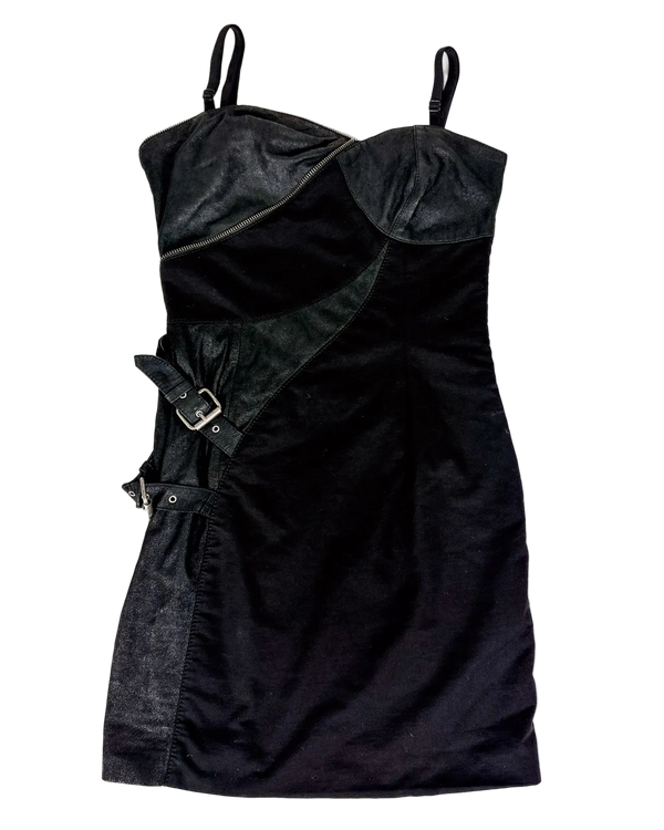 Dark patchwork zip-front dress with spaghetti straps and denim-like texture.