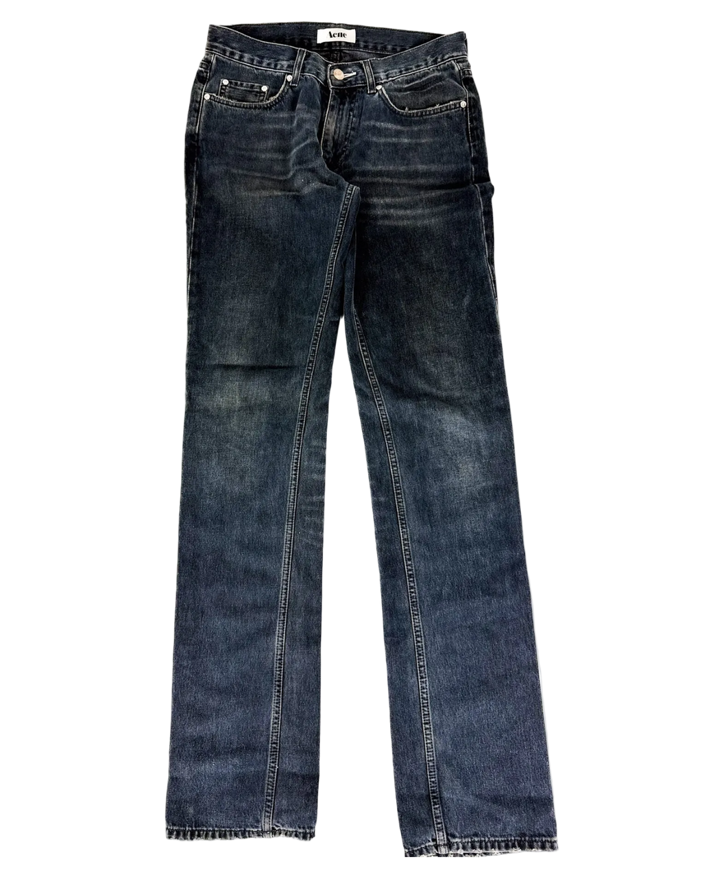 Indigo wide-leg jeans with front patch pockets, belt loops, and faded wash