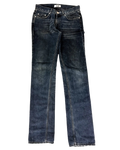 Indigo wide-leg jeans with front patch pockets, belt loops, and faded wash