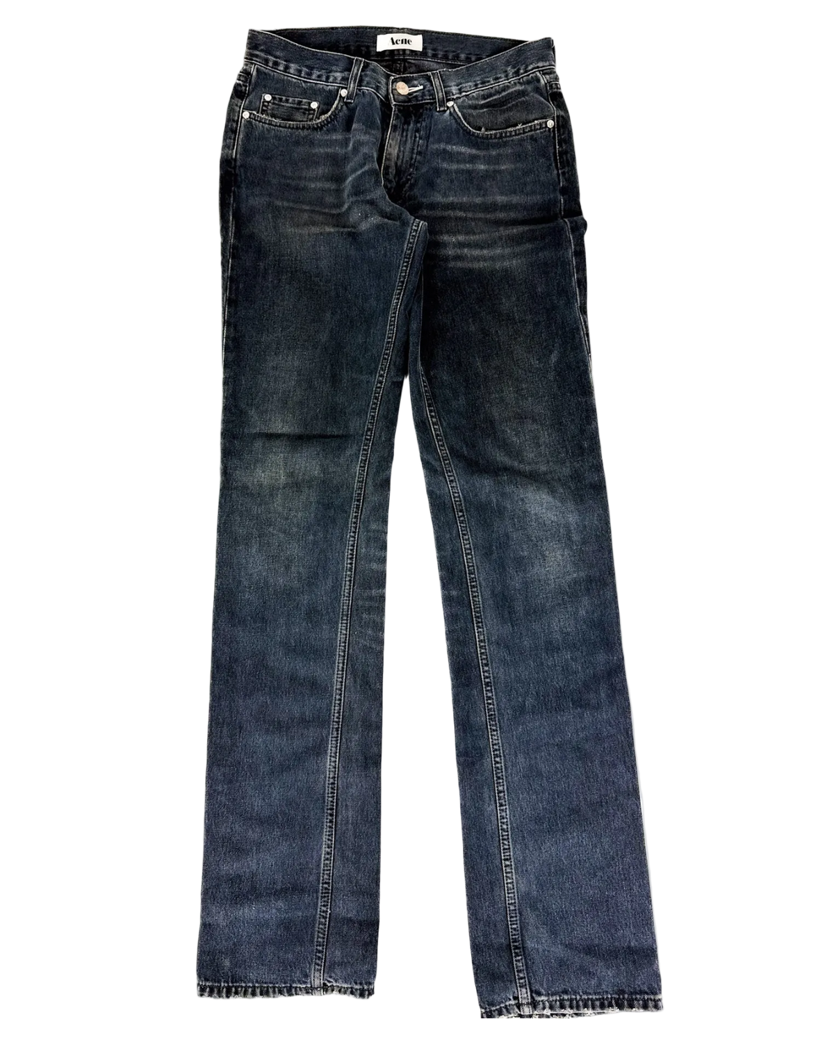 Indigo wide-leg jeans with front patch pockets, belt loops, and faded wash